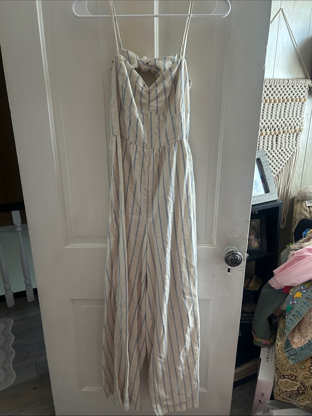 American Eagle Outfitters Cream and Light Blue Striped Wide-Leg Jumpsuit